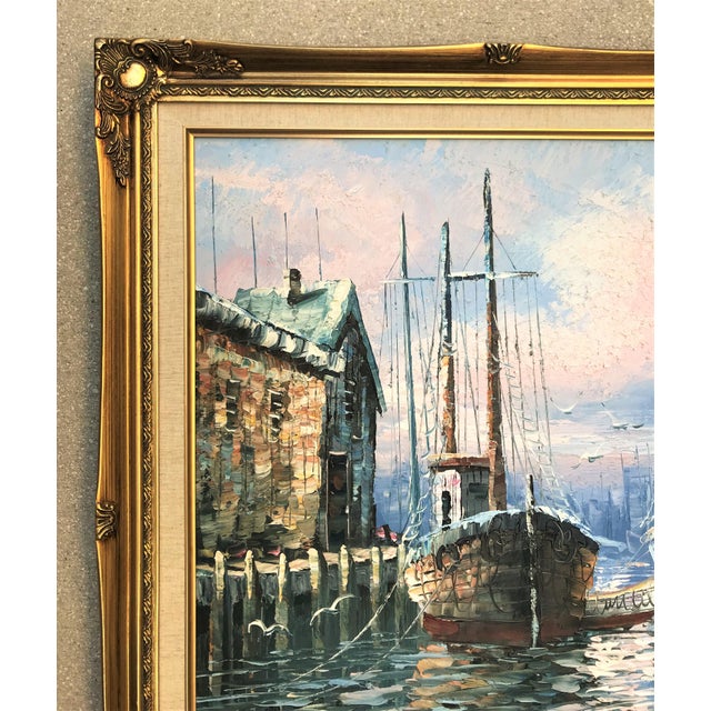 Mid 20th Century Vintage Signed & Framed W. Haywood Painting on Canvas, Boats and Old Boathouse For Sale - Image 5 of 11