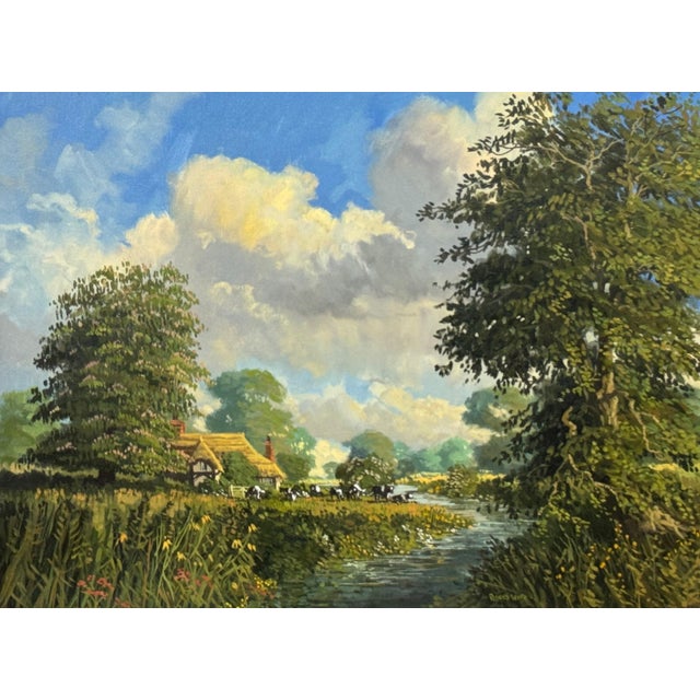 English Countryside Oil Painting with Thatched Cottage, River & Cows Grazing 1985 Circa For Sale - Image 15 of 15
