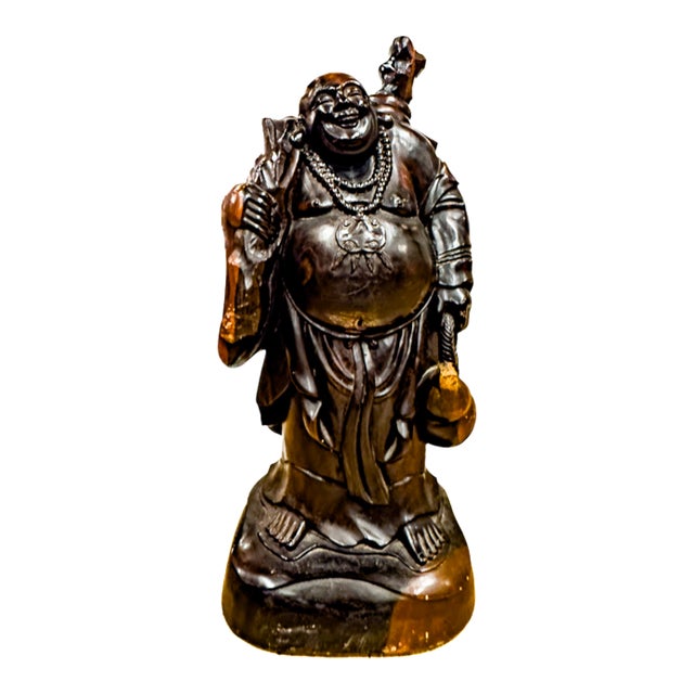 Early 20th Century Laughing Buddha Carved Rosewood Sculpture For Sale