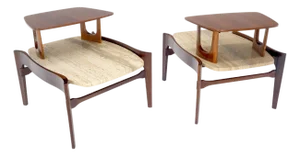 Pair of Bertha Schaefer Walnut Travertine Top Step Side End Tables Stands MINT!