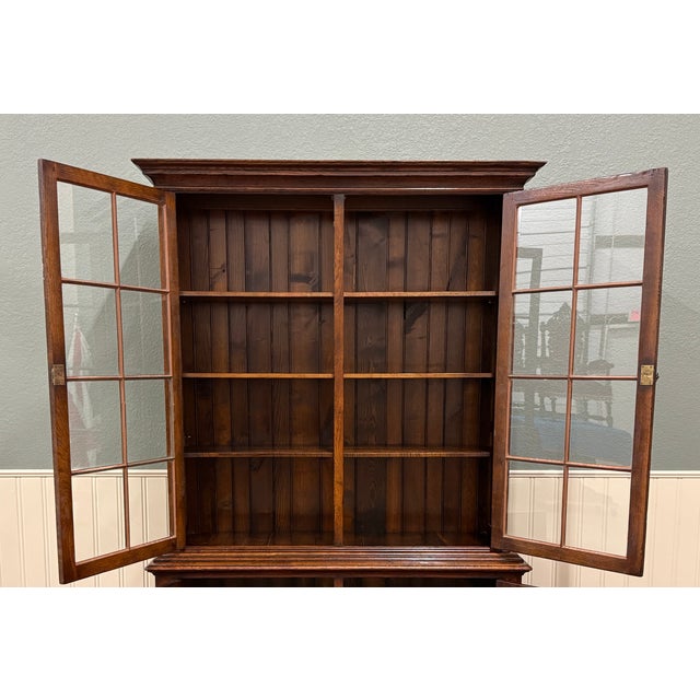 Antique English Large Bookcase Bookshelf Cabinet Double Door Glass Oak C. 1910s For Sale - Image 11 of 18
