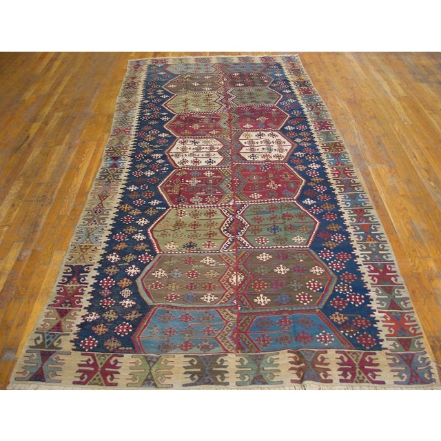 1850s Blue Geometric Tribal Antique Turkish Anatolian Flatweave 5' X 10'8" Kilim Wool Carpet Rug For Sale - Image 9 of 9