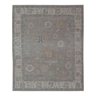 All-Over Floral Modern Oushak With Light Tan Background and Cream Border For Sale