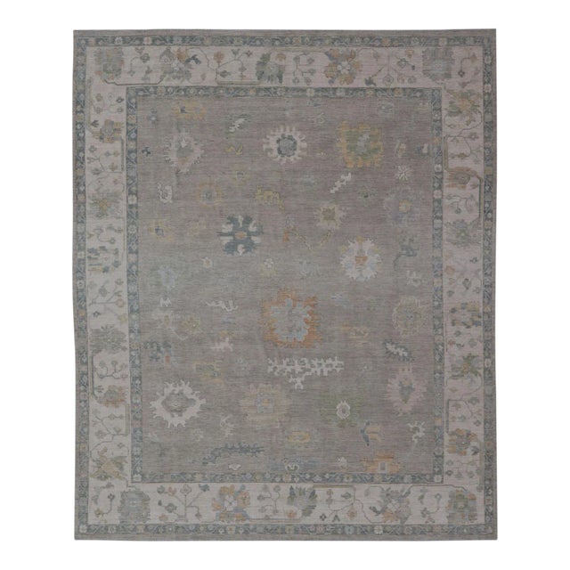 All-Over Floral Modern Oushak With Light Tan Background and Cream Border For Sale