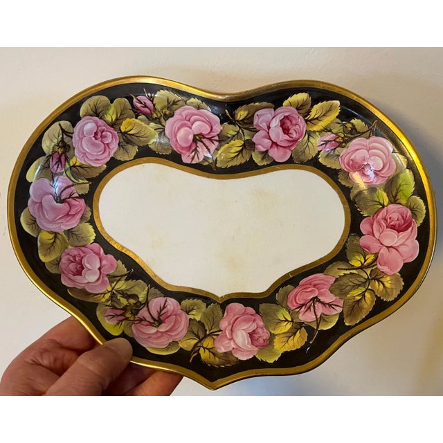 Antique early 19th century Derby porcelain kidney shape dish decorated with a wide border of hand painted pink roses on a...