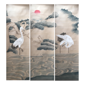 Hand-Painted Cranes Pine Silk Wallpaper | Chinese Style Luxury Mural