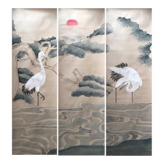 Luxury Hand-Painted Silk Wallpaper Mural | Chinese Crane & Pine Chinoiserie Wall Panels For Sale