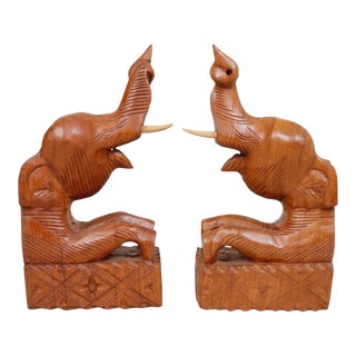 Teak Elephant Bookends - a Pair For Sale