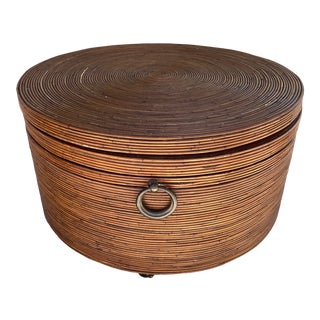 1970s Gabriella Crespi Style Pencil Reed Round Swivel Coffee Table For Sale