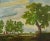 Beautiful mid-century pastoral landscape featuring verdant oak trees by an unknown artist, c. late-1940's. The lush green...