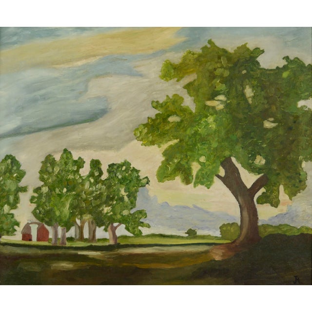 Beautiful mid-century pastoral landscape featuring verdant oak trees by an unknown artist, c. late-1940's. The lush green...