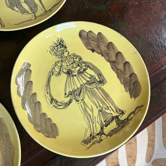 Mid 20th Century Signed Italian Handpainted Neoclassical Style Ochre Ceramic Plates- Set of 6 For Sale - Image 4 of 10