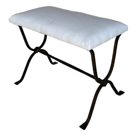 Spanish Gilt Iron Bench With Hammered Frame For Sale