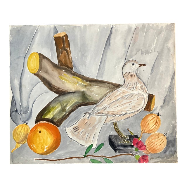 1950’s Original Modernist Watercolor Painting Still Life With Bird & Fruit For Sale