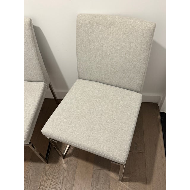 Pair of Modern Nuevo Savine Light Grey Tweed Dining Chairs With Polished Stainless Cantilever Bases For Sale - Image 4 of 9