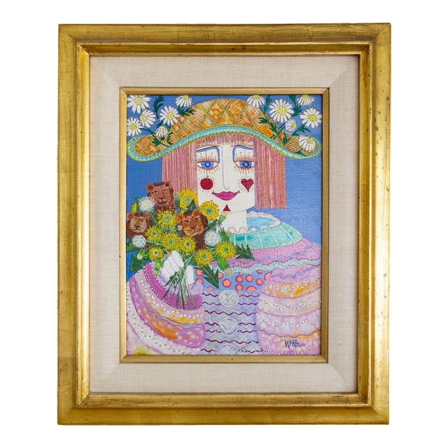 Girl With Dandilions and Dandy Lions Painting by Kara Bersani San Francisco 1977 For Sale