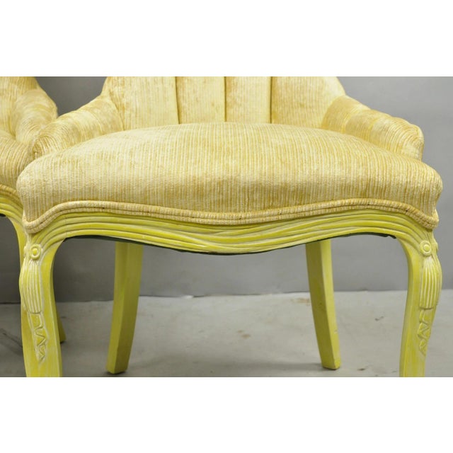 Vintage French Hollywood Regency Yellow Tufted Drape Carved Side Chairs - A Pair For Sale In Philadelphia - Image 6 of 16