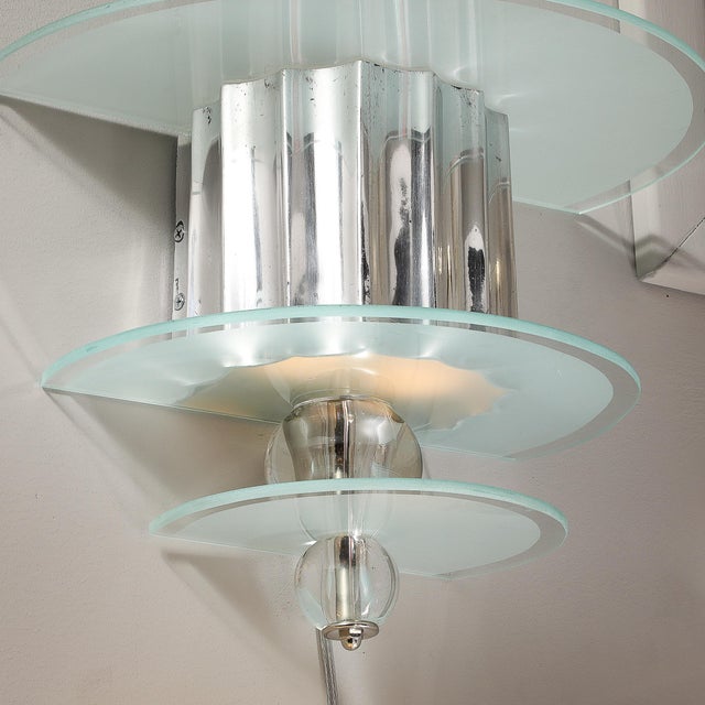 1930s Art Deco Skyscraper Style Three-Tier Frosted Glass and Polished Aluminum Sconces For Sale - Image 5 of 12