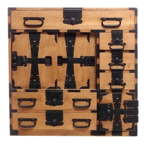 Antique Kiri Wood Meiji Japanese Merchants Chest With Iron Accents, 19th Century
