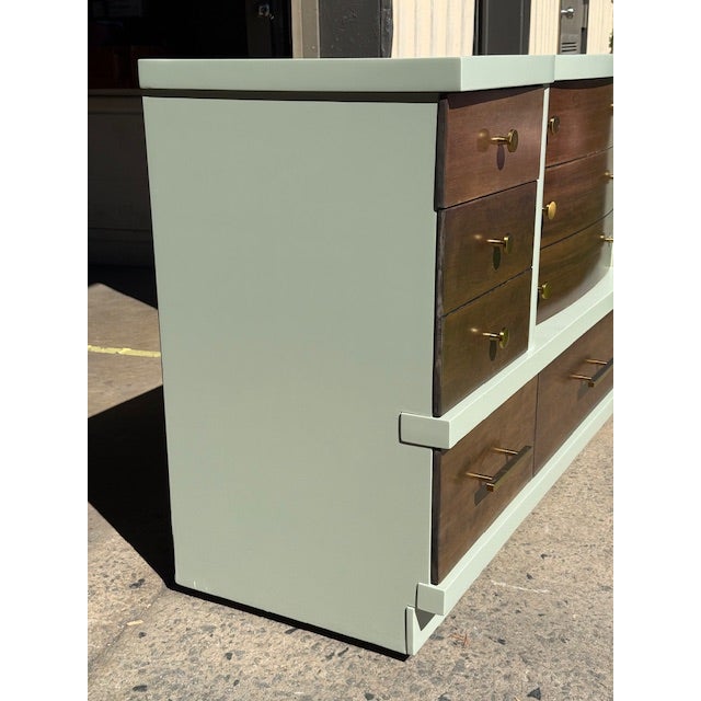 Professionally Refinished Mid Century Modern Walnut Dresser in Farrow & Ball "Verte De Terre" For Sale In Greensboro - Image 6 of 11