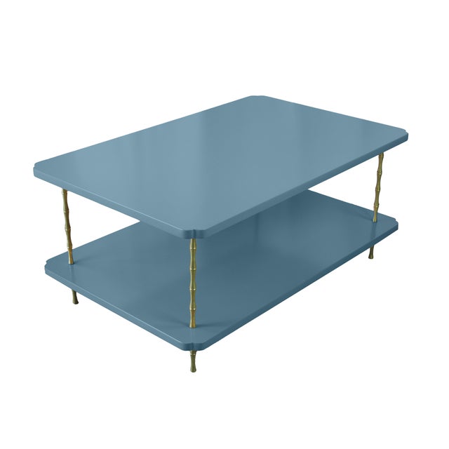 Contemporary Handcrafted Satin Sea Reflection Painted Two-Layer Coffee Table With Brass Bamboo Legs For Sale - Image 3 of 5
