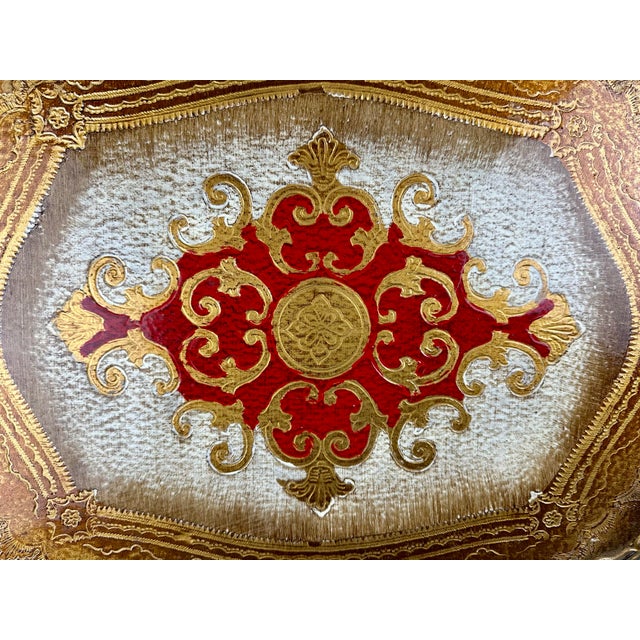 Gold Vintage Large Florentine Italy Red & Gilt Serving Tray For Sale - Image 8 of 12