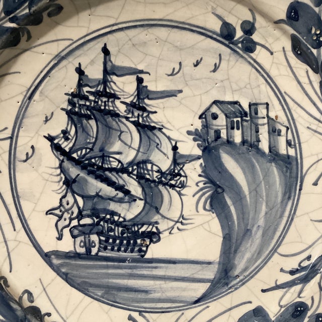 Nautical 18th Century Tin-Glazed Large Ceramic Galleon Sailing Ship Wall Decor Plate by Delft For Sale - Image 3 of 12