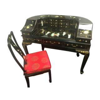 Asian Black Lacquer Mother of Pearl Vanity & Chair For Sale