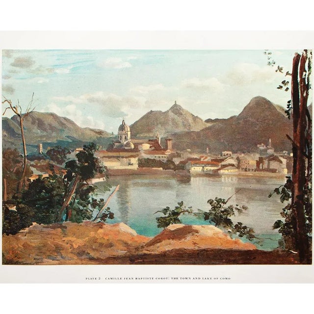 A rare vintage full-color print of Impressionist painting "The Town and Lake of Como" by Camille Jean Baptiste Corot from...