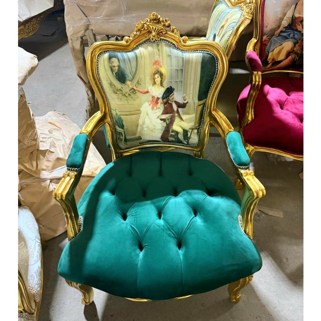 French French-Style Green Velvet Armchair – Tufted Upholstery With Ornate Gold Leaf Frame For Sale - Image 3 of 3