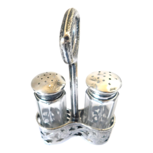Antique Sterling Salt and Pepper Shakers in Sterling Openwork Floral Holder With Handle
