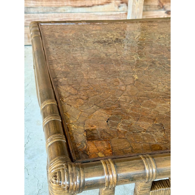 Mid-Century Organic Modern Rattan Fretwork Coffee Table With Mosaic Wood Inlay Top Manner of John Wisner For Sale - Image 11 of 12