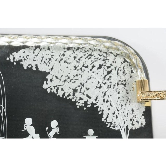 Glass Large Mid-Century Murano Glass Mirror Tray with Gold Leaf Torcido and Rococo Engraving, Italy, 1960s For Sale - Image 7 of 9