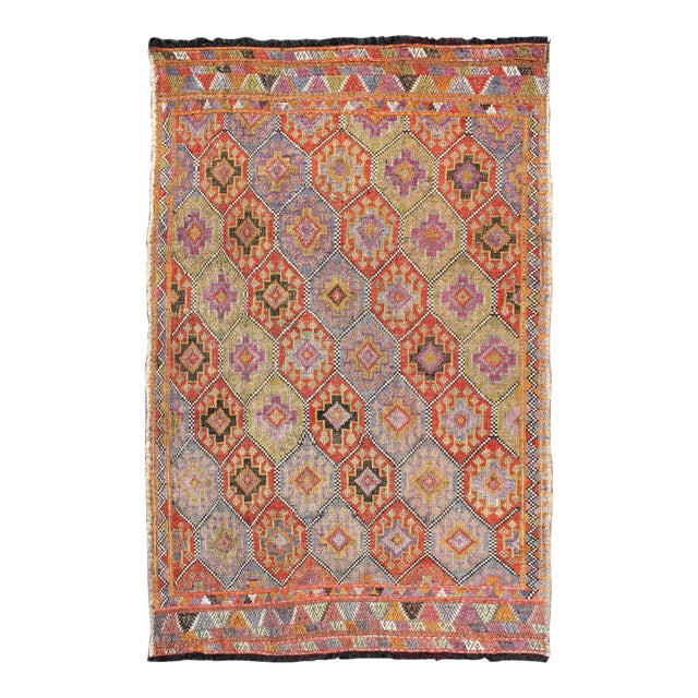 Colorful Vintage Turkish Flat-Weave Tribal Modern Kilim With Embroideries For Sale