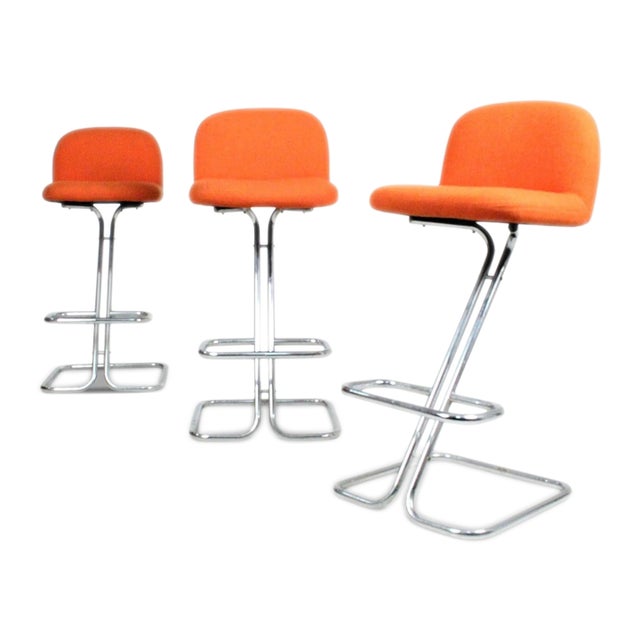 Set of 3 1970s Space Age Chrome + Wool Barstools For Sale
