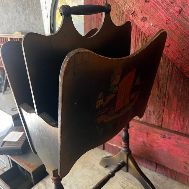 Antique Wooden Magazine Rack With Hand-Painted Dutch Scenes & Dual Compartments For Sale - Image 9 of 11