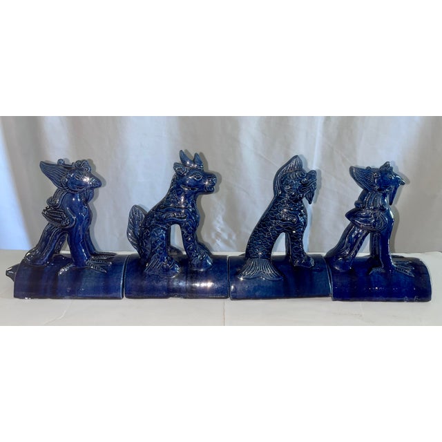 Chinoiserie Vintage Cobalt Blue Chinese Ceramic Roof Tile Figurines - Set of 4 For Sale - Image 3 of 18