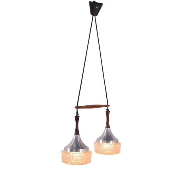 Mid-Century Rosewood, Metal and Glass Dual Pendant Lamp For Sale - Image 11 of 11