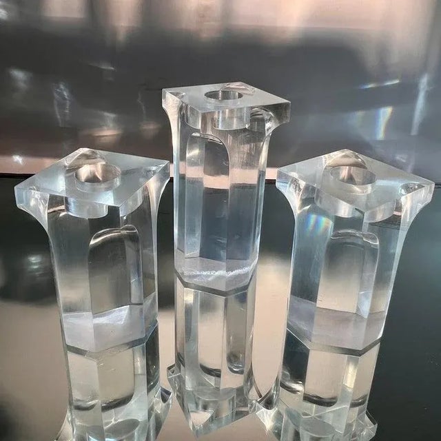 Transparent 1970's Lucite Column Candle Holders in the Style of Charles Hollis Jones, Set/4 For Sale - Image 8 of 12