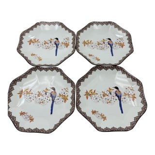 Japanese Kutani Porcelain Plate Featuring a Titmouse and Floral Motifs - Set of 4 For Sale