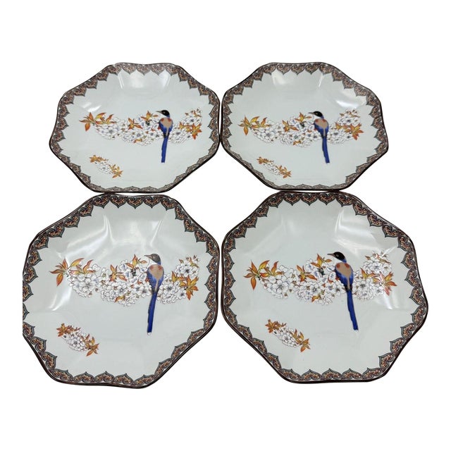 Japanese Kutani Porcelain Plate Featuring a Titmouse and Floral Motifs - Set of 4 For Sale