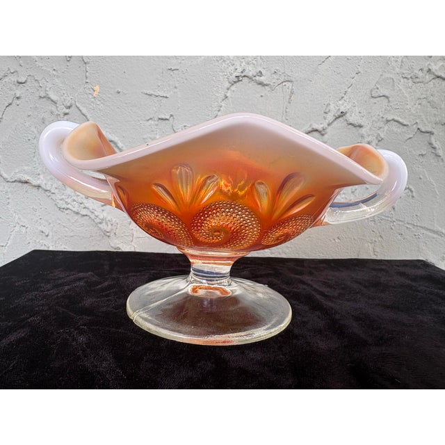 American Antique Dugan Carnival Glass Peach Opalescent “Octopus & Shell” Two-Handled Compote, c.1910 For Sale - Image 3 of 11