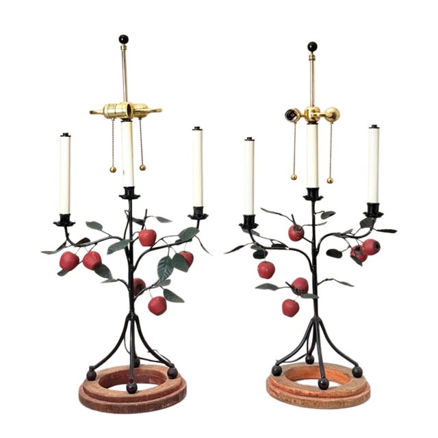 Frederick Cooper Chicago Tole Apple and Iron Candelabra Table Lamps Set of 2, 1950s Folk Art Toleware For Sale
