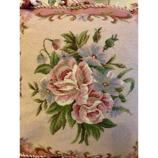 Rose Vintage Tapestry Floral Aubusson Wool Decorative Pillow With Tassels Trim Reversible to Solid Velvet 19” X 19” For Sale - Image 8 of 12