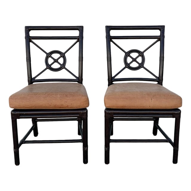 McGuire Rattan Target Back Dining Chairs - A Pair For Sale