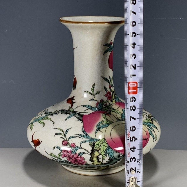 Vintage Chinese Crackle Glaze Famille Rose "Peaches & Bats" Vase With Poem For Sale - Image 4 of 9