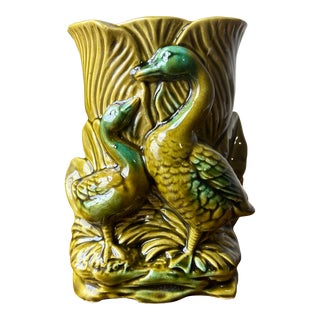 Vintage Mother and Child Duck Design Majolica Style Vase For Sale