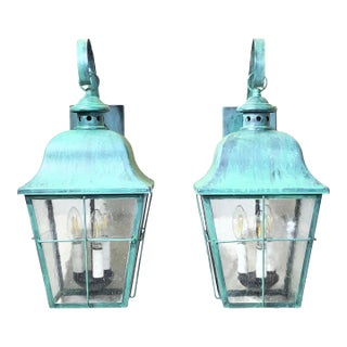 Pair of Verdigris Finish Steel Outdoor Wall Sconces - Seeded Glass 22”x 10”x 11” For Sale