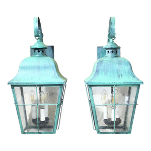 Pair of Verdigris Finish Steel Outdoor Wall Sconces - Seeded Glass 22”x 10”x 11”