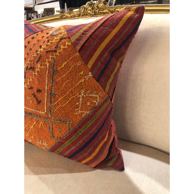 Antique Red & Orange Woven Patchwork Turkish Square Decorative Pillow Hot pink linen backing. Feather/down insert. Size:...